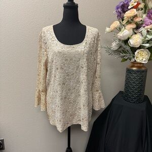 Cato Woman 18/20W Cream Lace Blouse 3/4 Bell Sleeve Elegant Dressy Top Plus